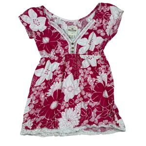 VTG Y2K Hollister Pink Floral Babydoll Top Crochet Lace Trim V-Neck Boho Medium